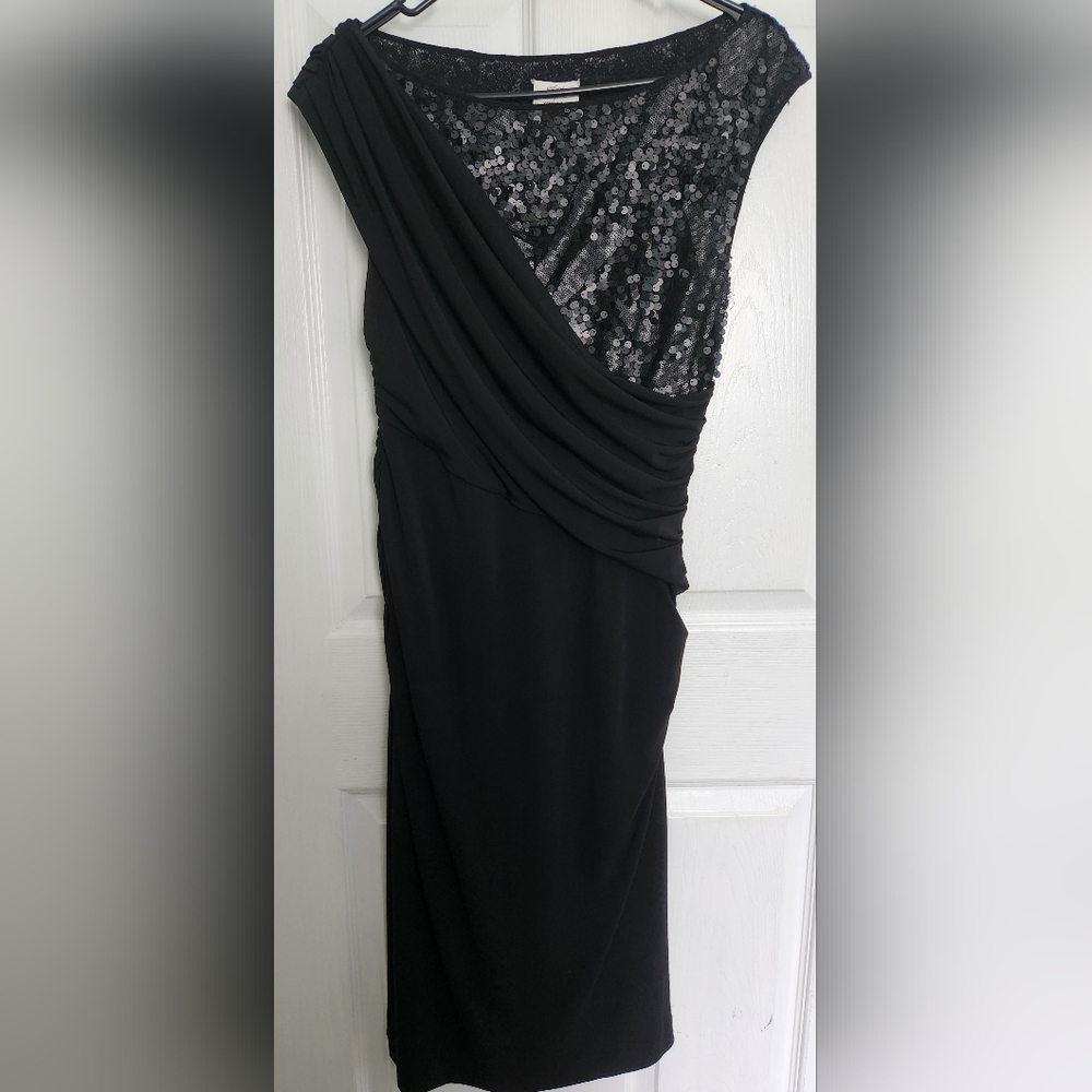 Suzi Chin Black One Shoulder Sheath Dress Cocktail